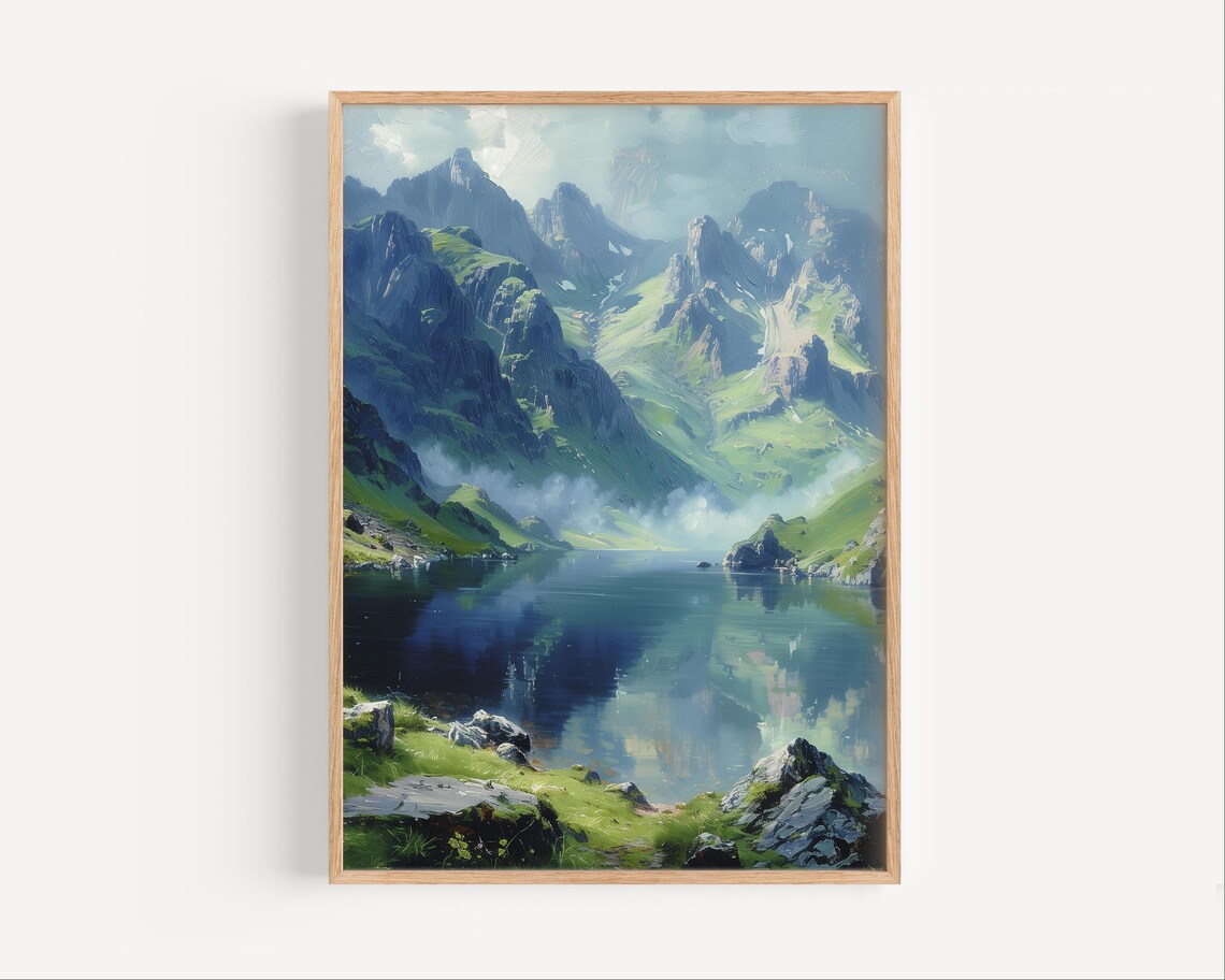Alpine Mountain Lake Oil Painting Green Peaks Calm Reflection Poster