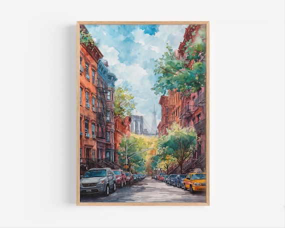 Brooklyn Brownstone Street with Yellow Cab NYC Watercolor Travel Poster