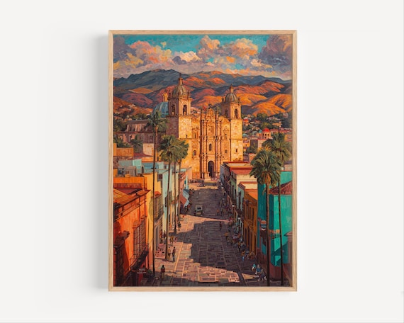Oaxaca Mexico Colonial Cathedral Street Sunset Mountain View Poster