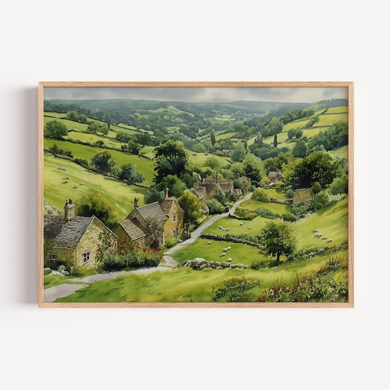 Cotswolds Stone Cottages Rolling Hills Sheep Watercolor Poster
