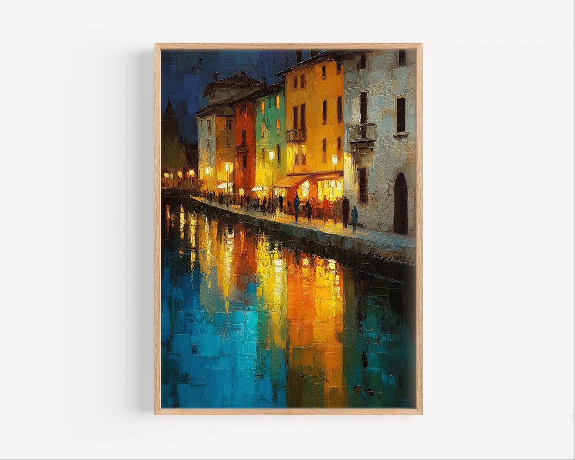 Navigli Milan Canal Night Glowing Lights Reflections Oil Poster