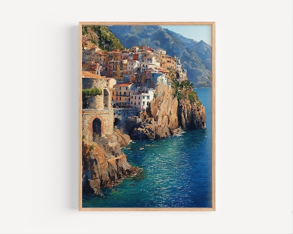 Italian Coastal Town with Twin Church Towers Scenic Painting Poster