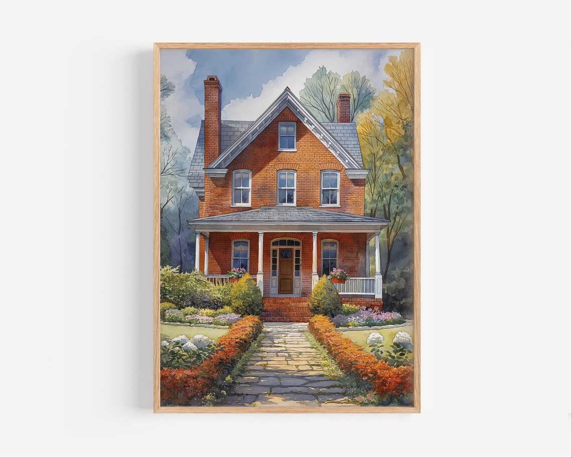 House In Nashville Watercolor Painting Gicle Print Suburbs Travel Poster Or Canvas Tennessee Red Brick Wall Art Gift Usa
