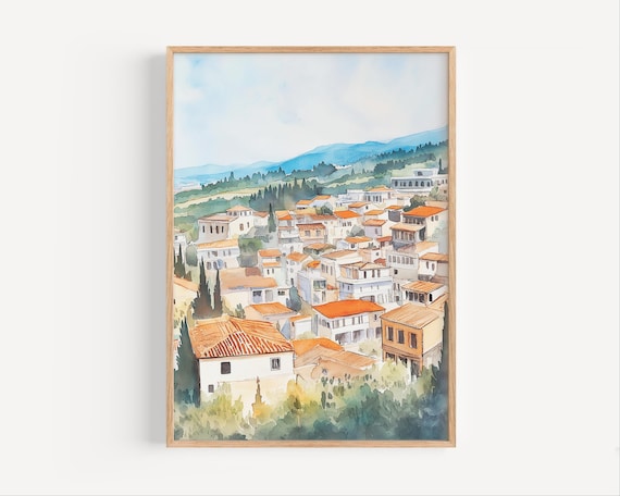 Karditsa Greece Hillside Village Terracotta Roofs Watercolor Poster