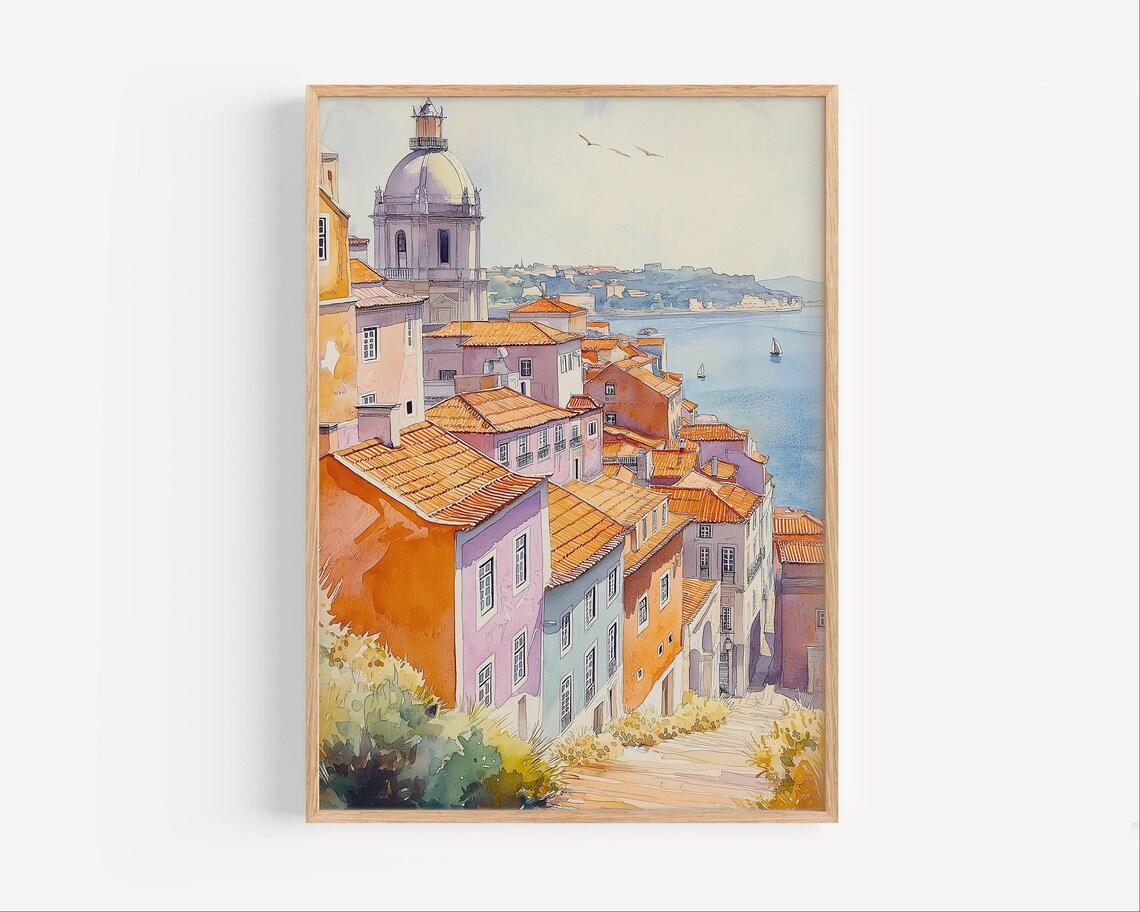 Old Town Riverside Terracotta Roofs Watercolor City Scene Poster
