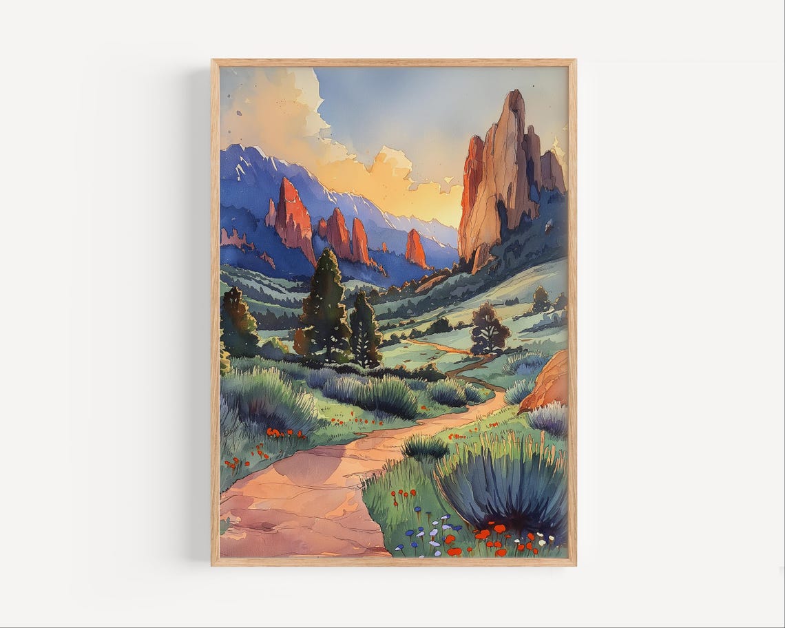 Garden Of The Gods Sunset Watercolor Painting Travel Poster Or Canvas Print Colorado Park Wall Art