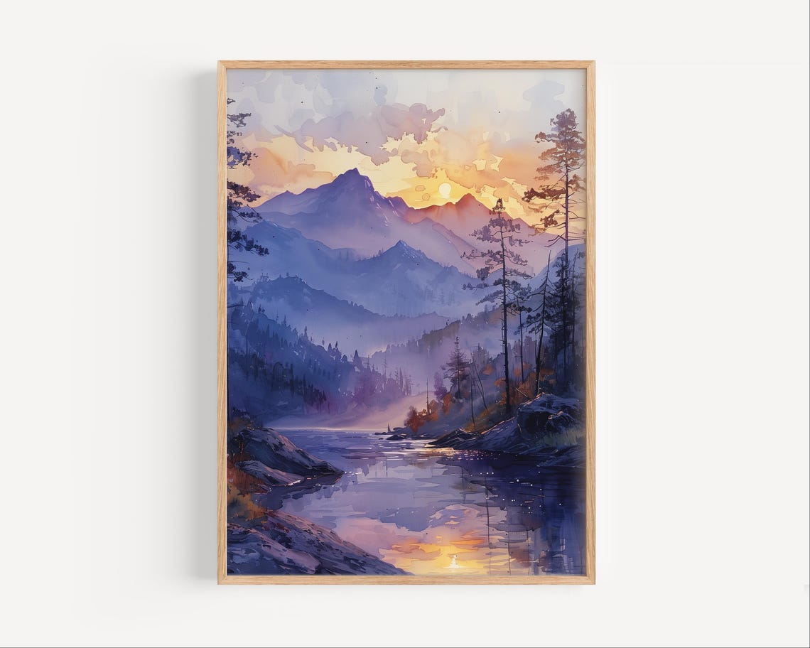 Smoky Mountains Sunset Purple River Valley Watercolor Nature Poster