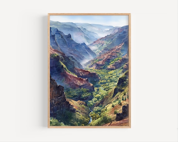 Waimea Canyon Watercolor Misty Cliffs Green Valley Travel Poster