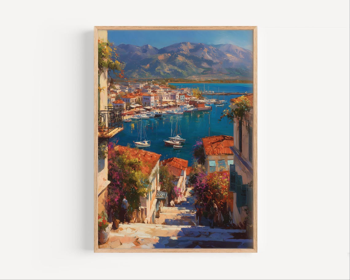 Mediterranean Harbor Sailboats Mountain Coast Painting Poster