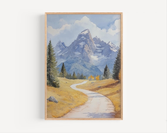 Grand Teton Wyoming Mountain Trail Golden Meadow Watercolor Poster Art