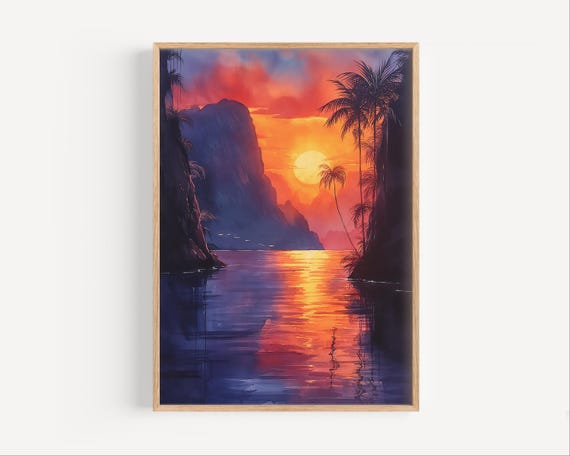Saint Lucia Beach Sunset Watercolor Painting Caribbean Island Travel Poster Print Or Canvas Wall Art Gift Pitons