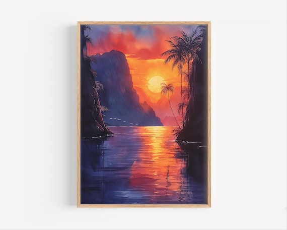 Tropical Sunset Palm Trees Ocean Cliffs Vibrant Seascape Art Poster