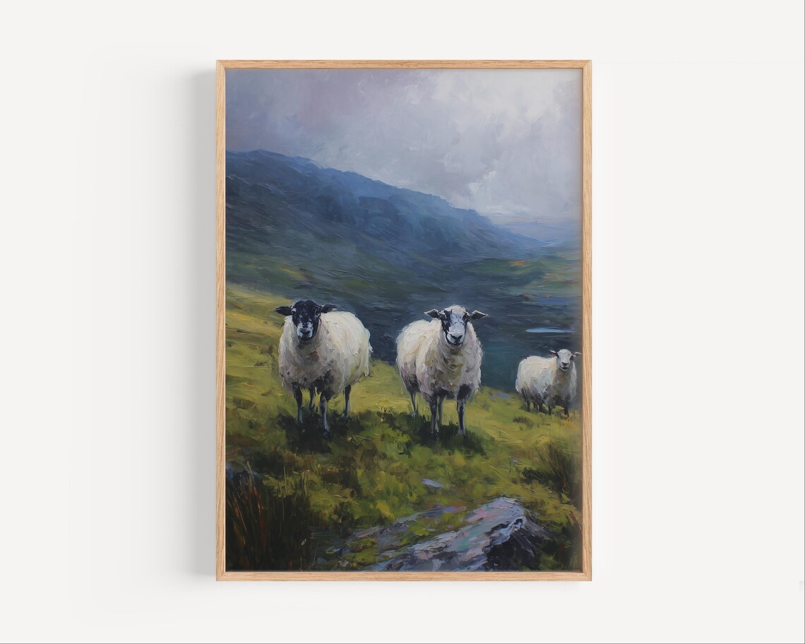 Irish Sheep Oil Painting Green Pasture Highland Hills Landscape Poster