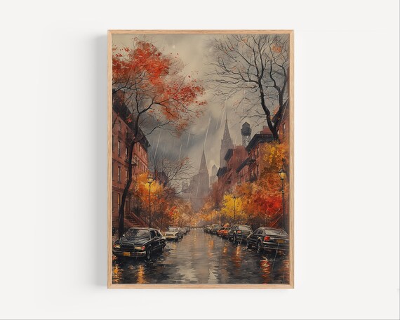 Brooklyn Watercolor Autumn Rain Painting New York Travel Poster Or Canvas Print Wall Art Gift Decor