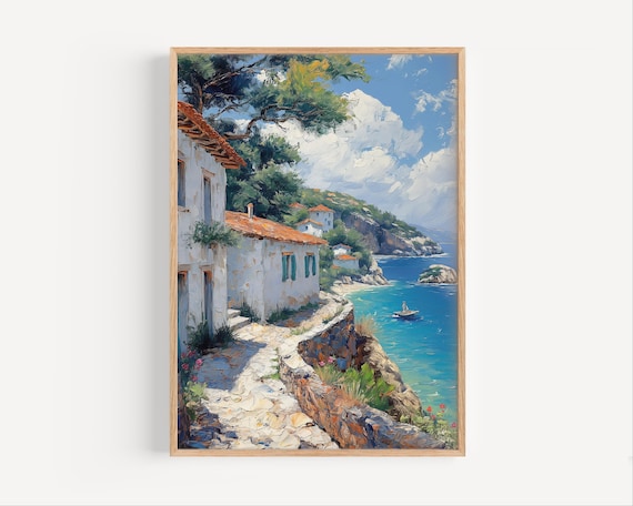 Skiathos Greece Whitewashed Coastal Village Path Aegean Sea Travel Poster