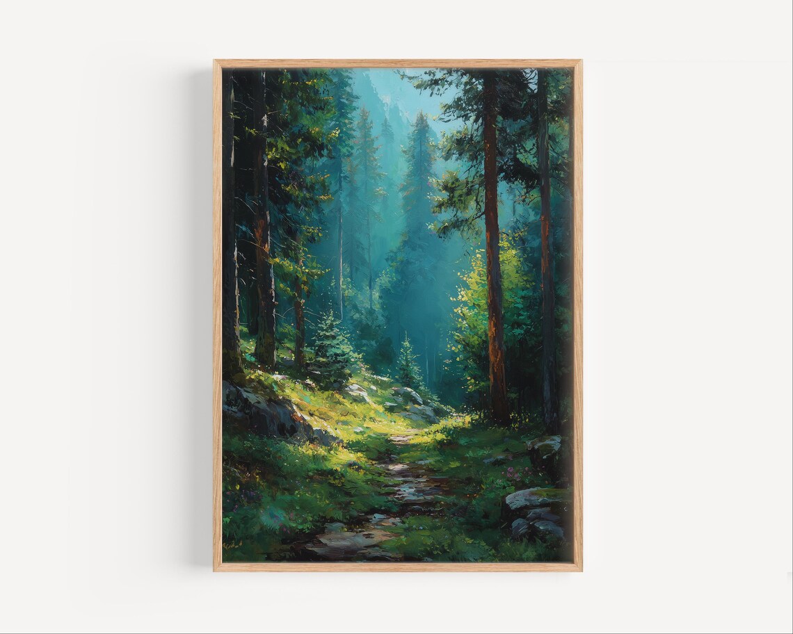 Misty Old Growth Forest Oil Painting Sunbeam Woodland Wall Art