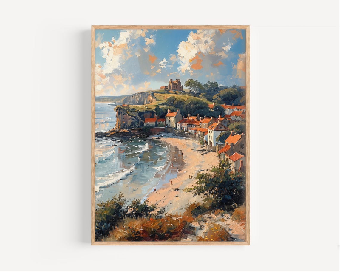 Saltburn by the Sea Coastal Oil Painting Beach Cliffs Village Poster