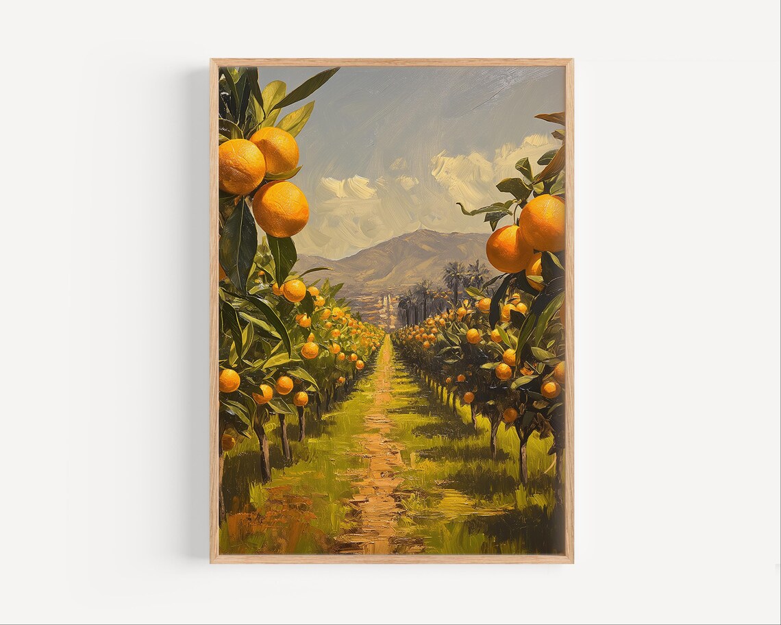 Orange Grove Oil Painting Ripe Citrus Trees Mountain View Poster