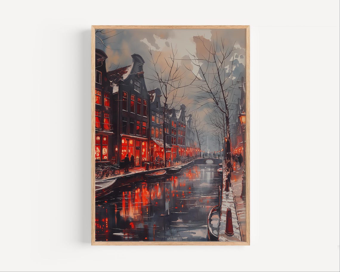 Amsterdam Canal Red Lit Windows Winter Watercolor Night Poster