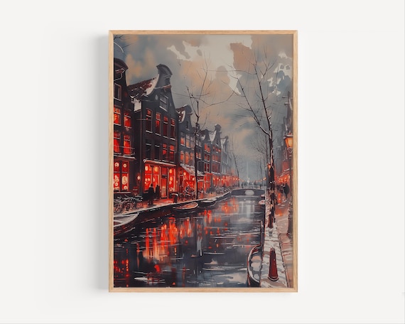Amsterdam Canal Red Lit Windows Winter Watercolor Night Poster