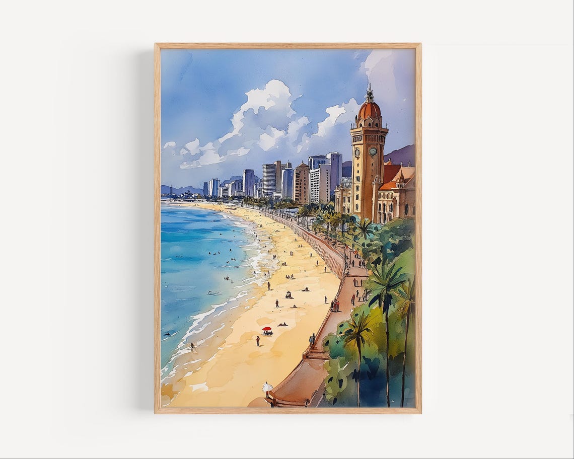 Beachfront City Clock Tower Curved Bay Watercolor Travel Poster