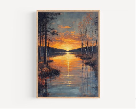 Golden Sunset Over a Peaceful Pine Forest Lake Landscape Poster