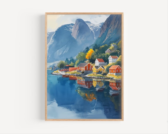 Flam Norway Watercolor Travel Poster, Nordic Print