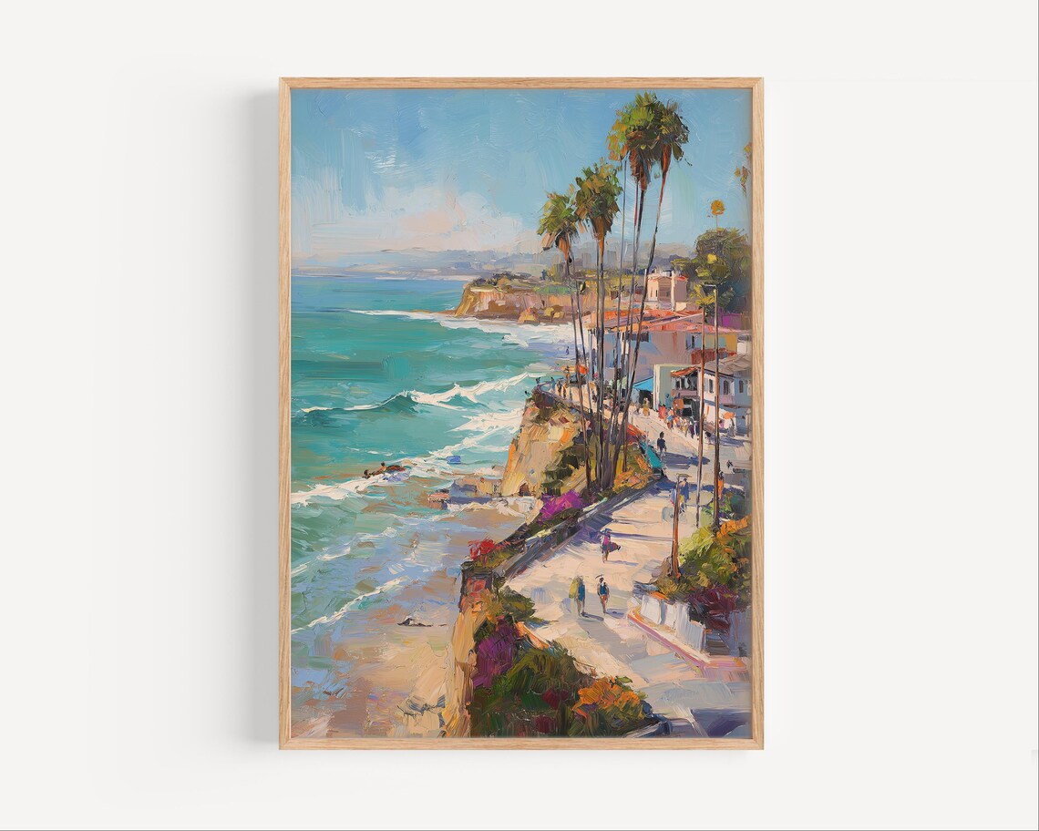 Encinitas California Coastal Bluff Palms Boardwalk Oil Painting Poster