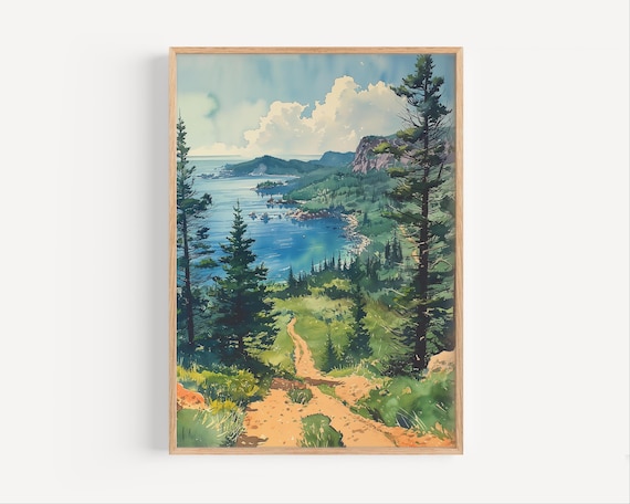 Acadia National Park Maine Coastal Cliffs Watercolor Painting Travel Poster