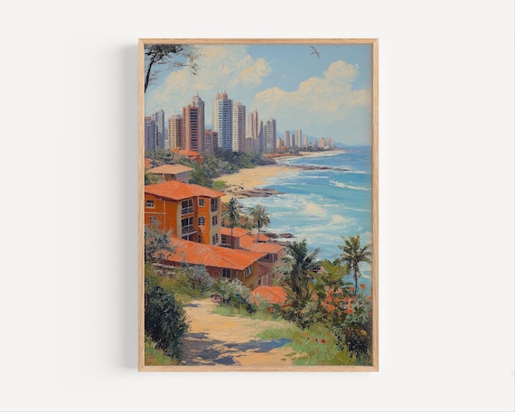 Coastal City Beach Towers Palm Trees Oil Painting Decor Poster