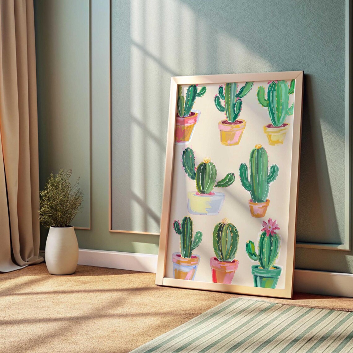 Watercolor Cactus Grid Nine Potted Plants Trendy Apartment Wall Poster