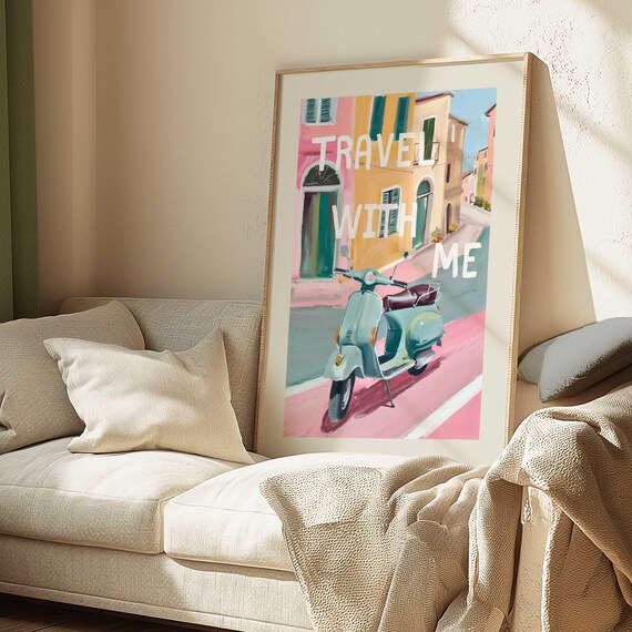 Travel With Me Pink Vespa Scooter Italian Street Pastel Quote Poster