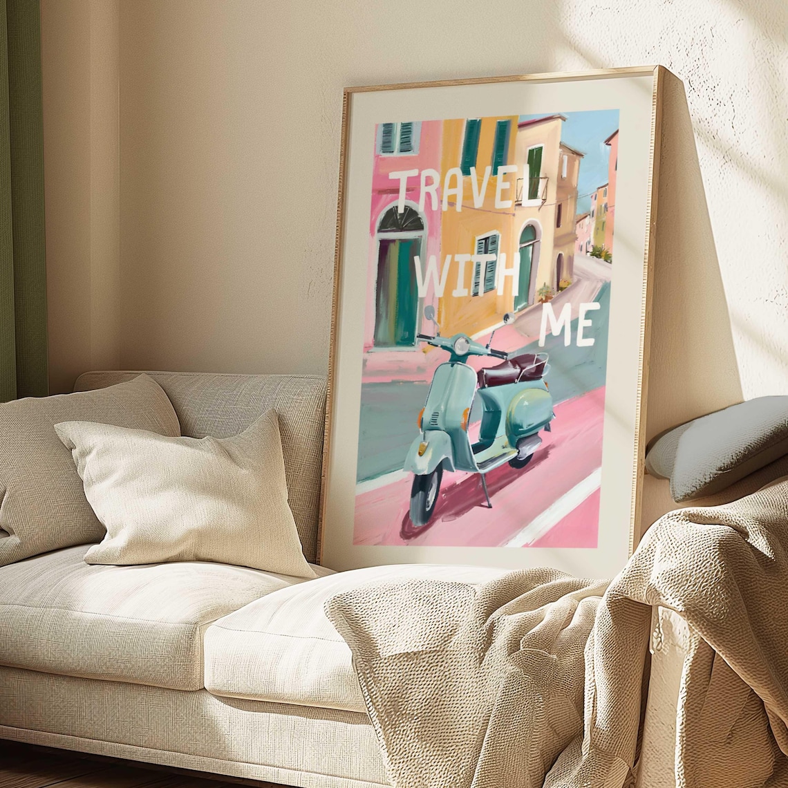 Travel With Me Pink Vespa Scooter Italian Street Pastel Quote Poster