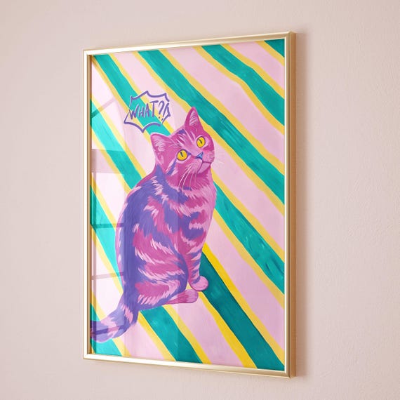 What Pink Tabby Cat Surprised Colorful Pop Art Striped Wall Poster