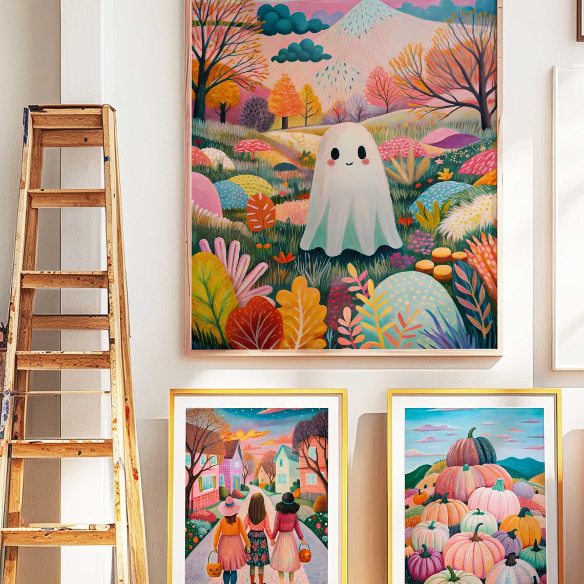 Pink Halloween Prints 3pc Trick Or Treat Wall Art Cute Pumpkins Decor