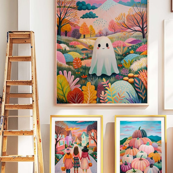 Pink Halloween Prints 3pc Trick Or Treat Wall Art Cute Pumpkins Decor