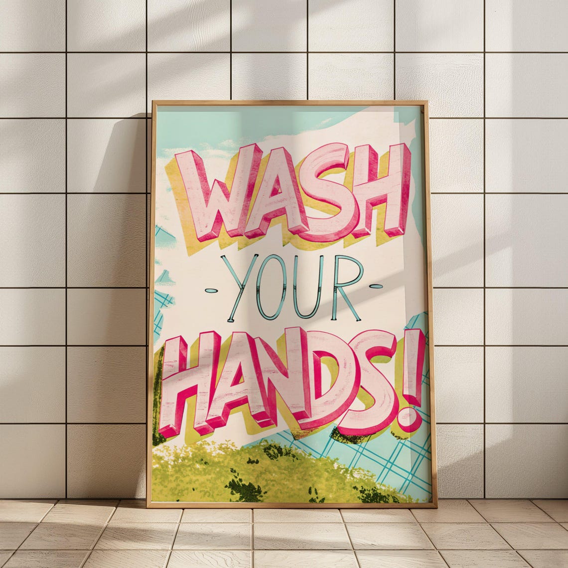 Wash Your Hands Bold Pink Typography Poster Bathroom Decor Art