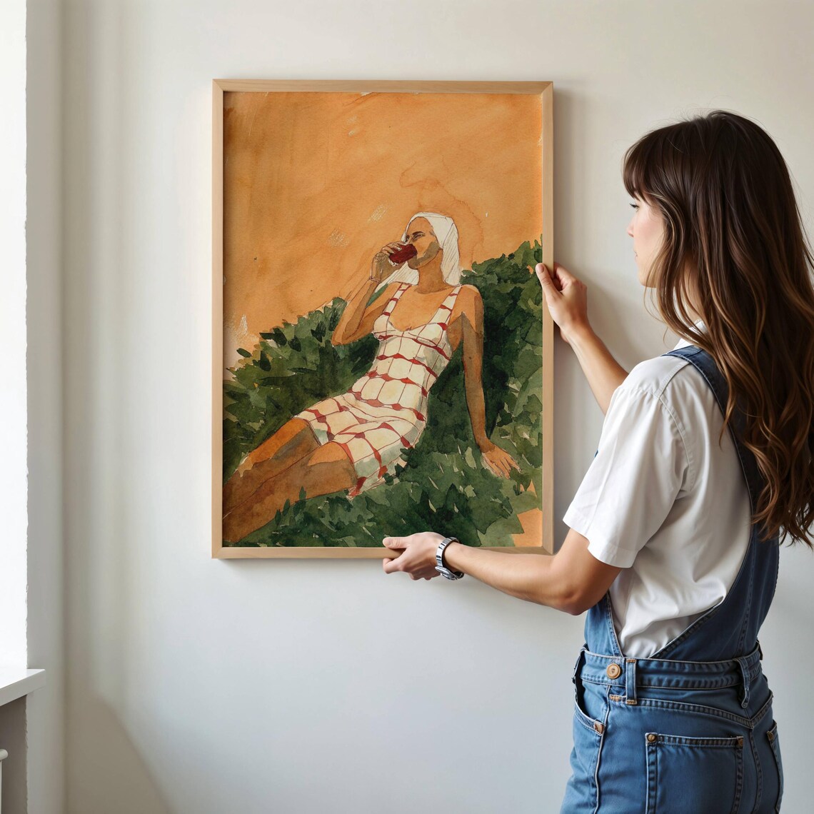Woman Drinking in Garden Watercolor Feminine Summer Art Poster