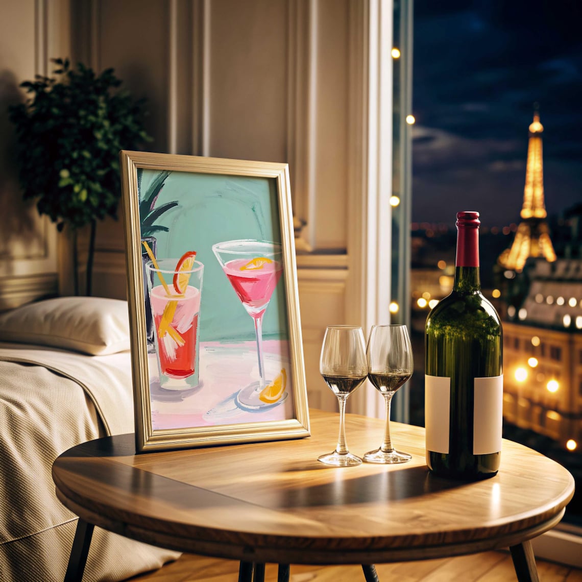 Pink Cocktail Watercolor Bar Cart Art Martini Glasses Chic Drink Poster