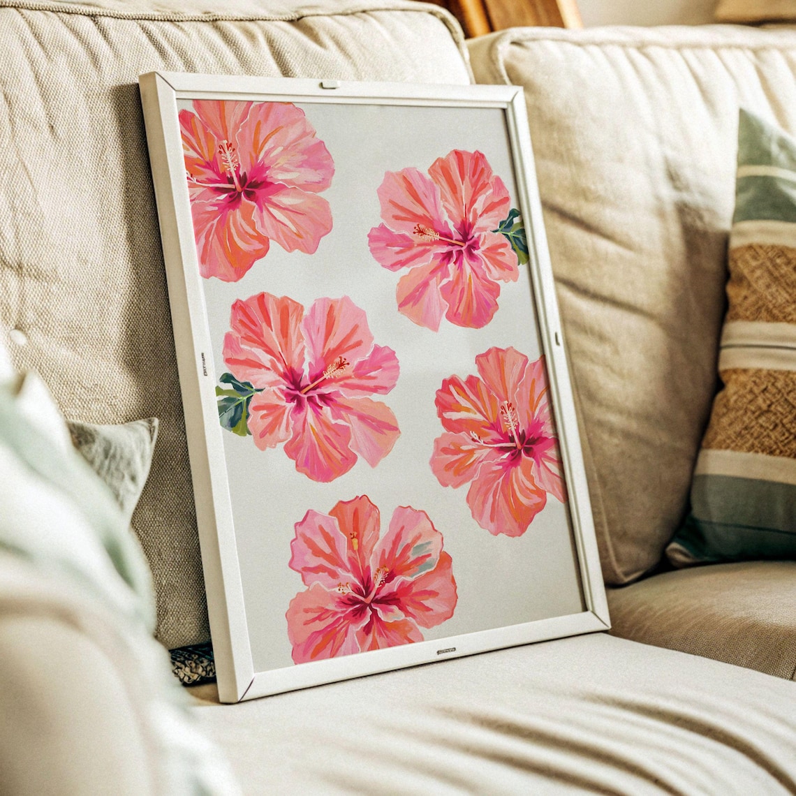 Pink Hibiscus Flower Blooms Tropical Coastal Beach House Art Poster