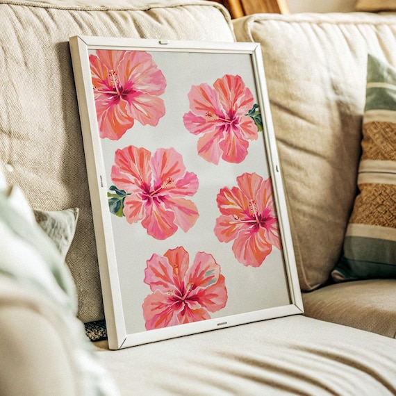 Pink Hibiscus Coastal Art Print Abstract Beach House Decor Digital Download