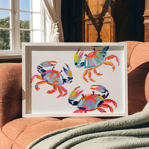 Colorful Crab Coastal Wall Art Print Beachy Meet Me At The Beach Oyster Shell Painting Pastel Abstract