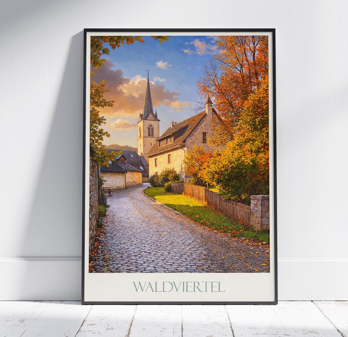 Waldviertel Austria Autumn Village Lane Vintage Travel Poster Church
