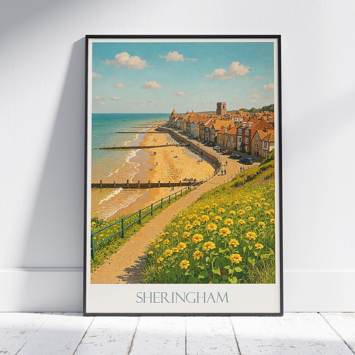 Sheringham Norfolk Vintage Beach Travel Poster Golden Flowers