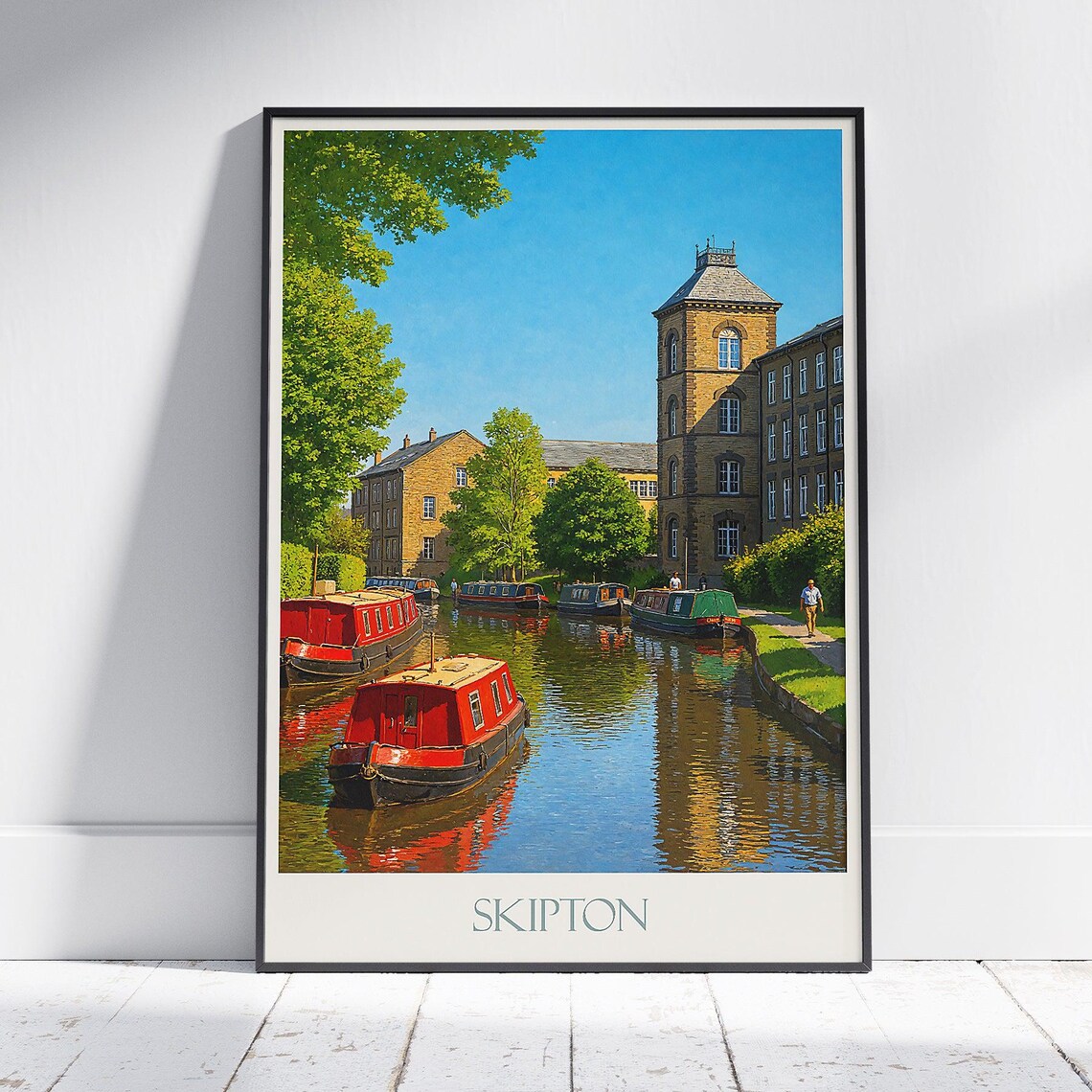 Skipton Canal Narrowboats Vintage Style Yorkshire Travel Poster