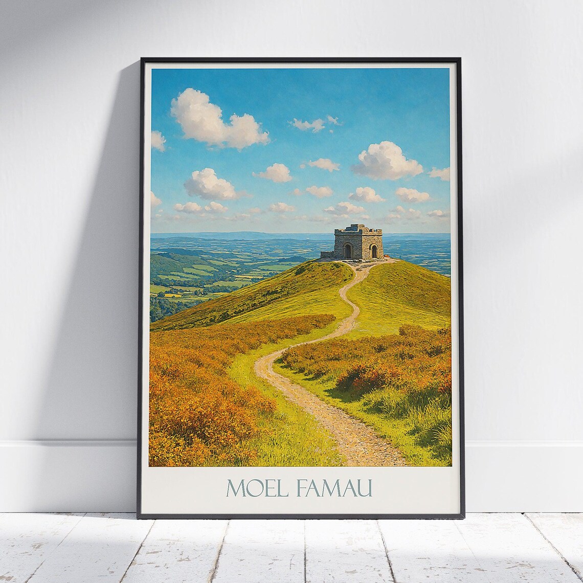 Moel Famau Wales Travel Poster Jubilee Tower on Gorse Hillside Art