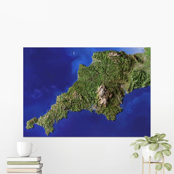 Cornwall Devon Aerial Imagery 2d Shaded Map Print Poster Modern Wall Art Decor