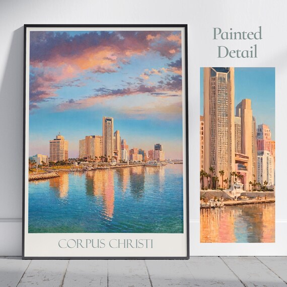 Corpus Christi Texas Skyline Sunset Waterfront Painted Travel Poster