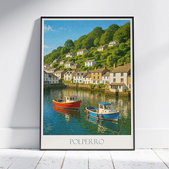 Polperro Travel Poster Vintage Cornwall Art Print Quaint Fishing Village Wall Decor Uk Seaside Gift