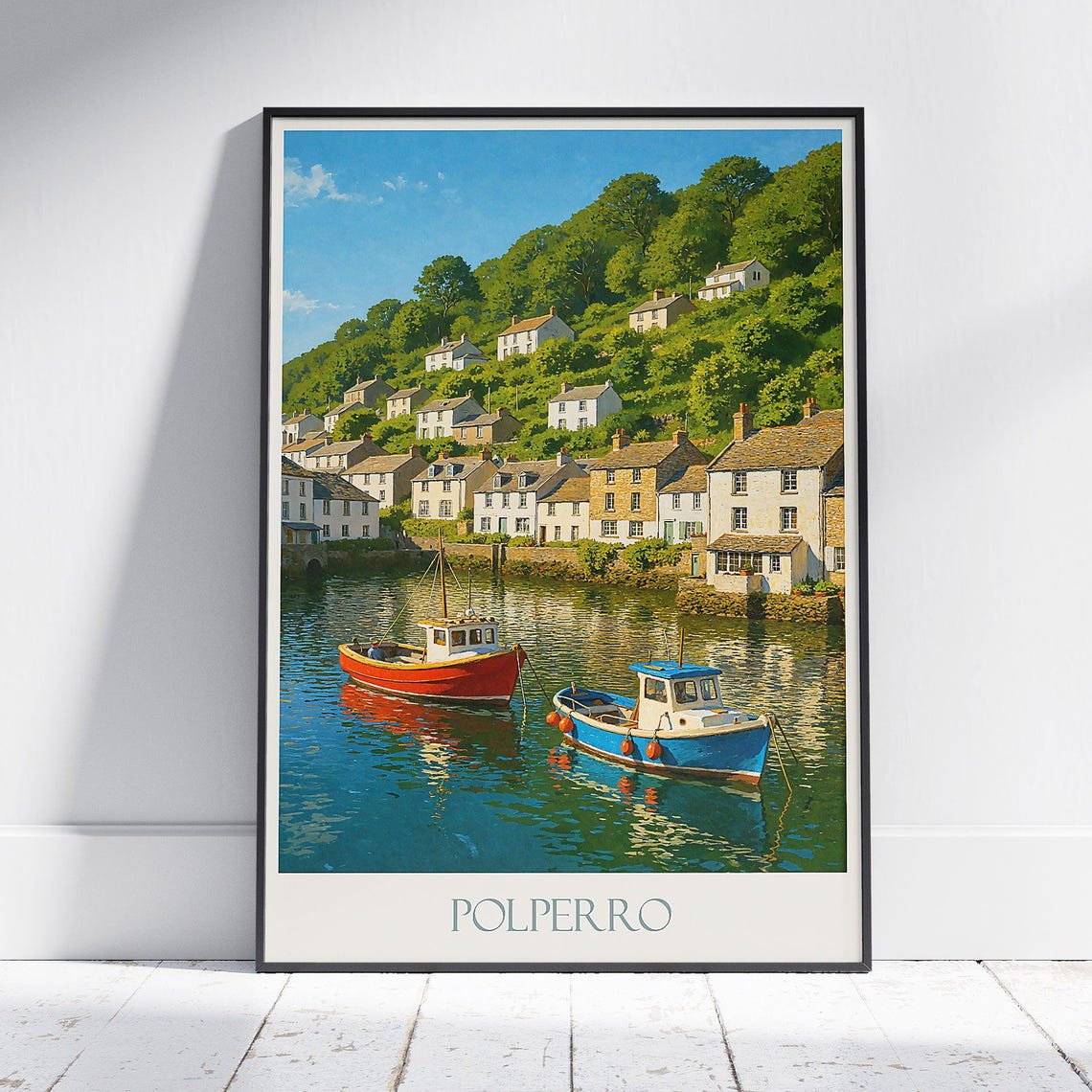 Polperro Cornwall Fishing Boats Hillside Harbor Travel Poster
